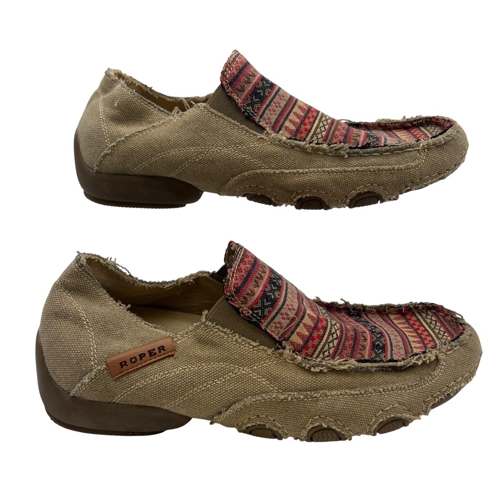 Roper Daisy Driving Loafers Womens 8 Tan Southwestern Canvas Slip On Moc Toe